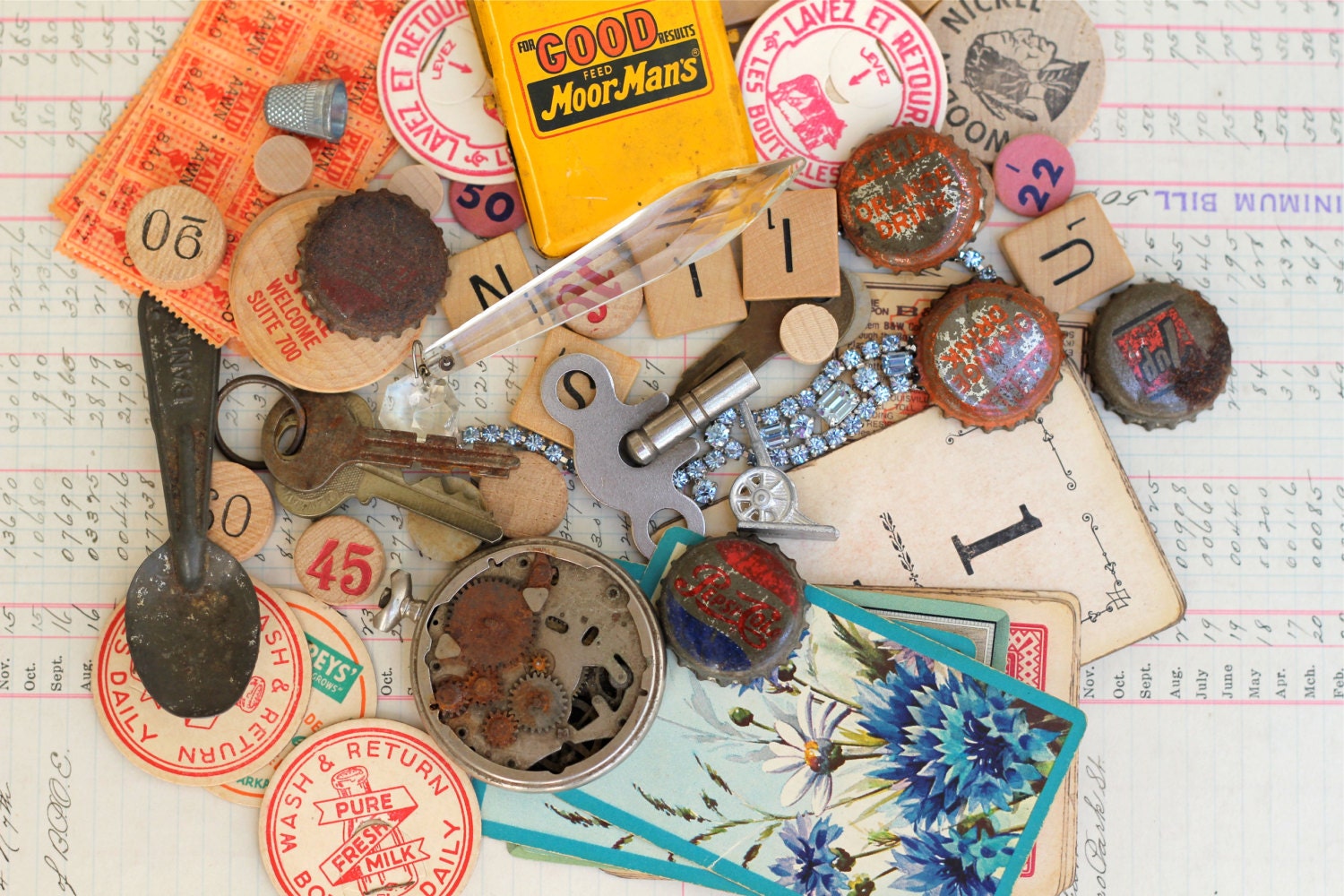 Vintage Mixed Media Lot, Skeleton Keys, Cards, Bingo Pieces, Watch Face, Scrabble Tiles
