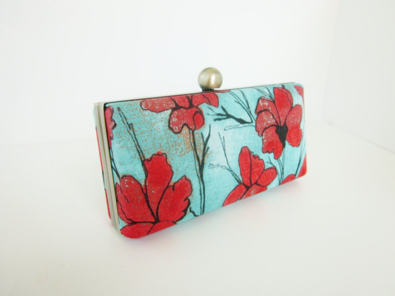 bridesmaid clutch purse, aqua and red clutch, aqua and red floral wedding clutches, minaudiere