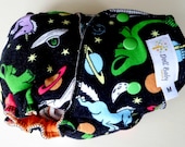 Fitted Diaper in Space Dinos - Md 10lbs-25lbs - serged orange cv