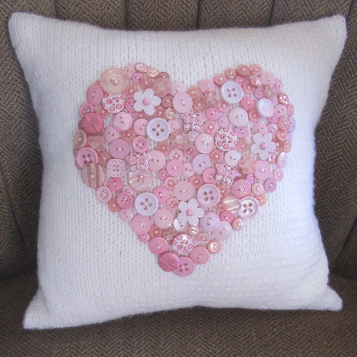 Pink button heart 14 x 14 hand knit pillow