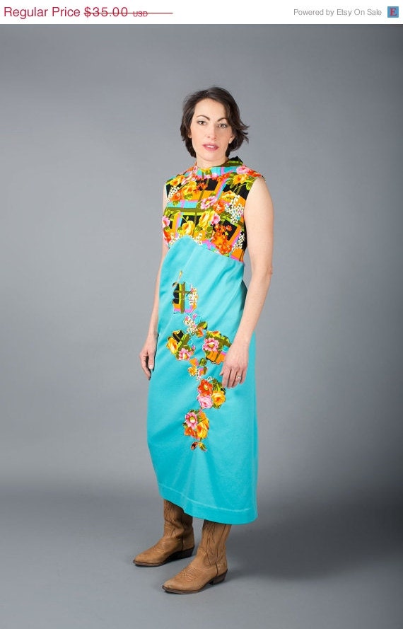 SALE Vintage Long Dress, Aqua Maxi Dress, Summer Dress, Applique Dress