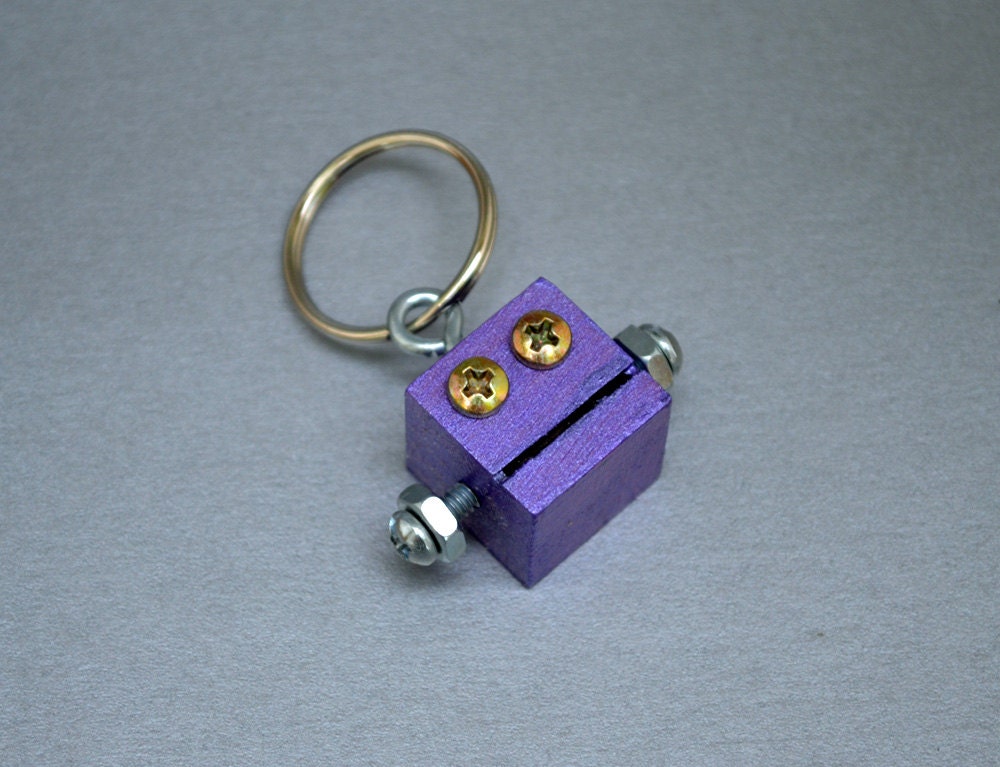 Metallic Purple Robot Key Chain, Functional Art
