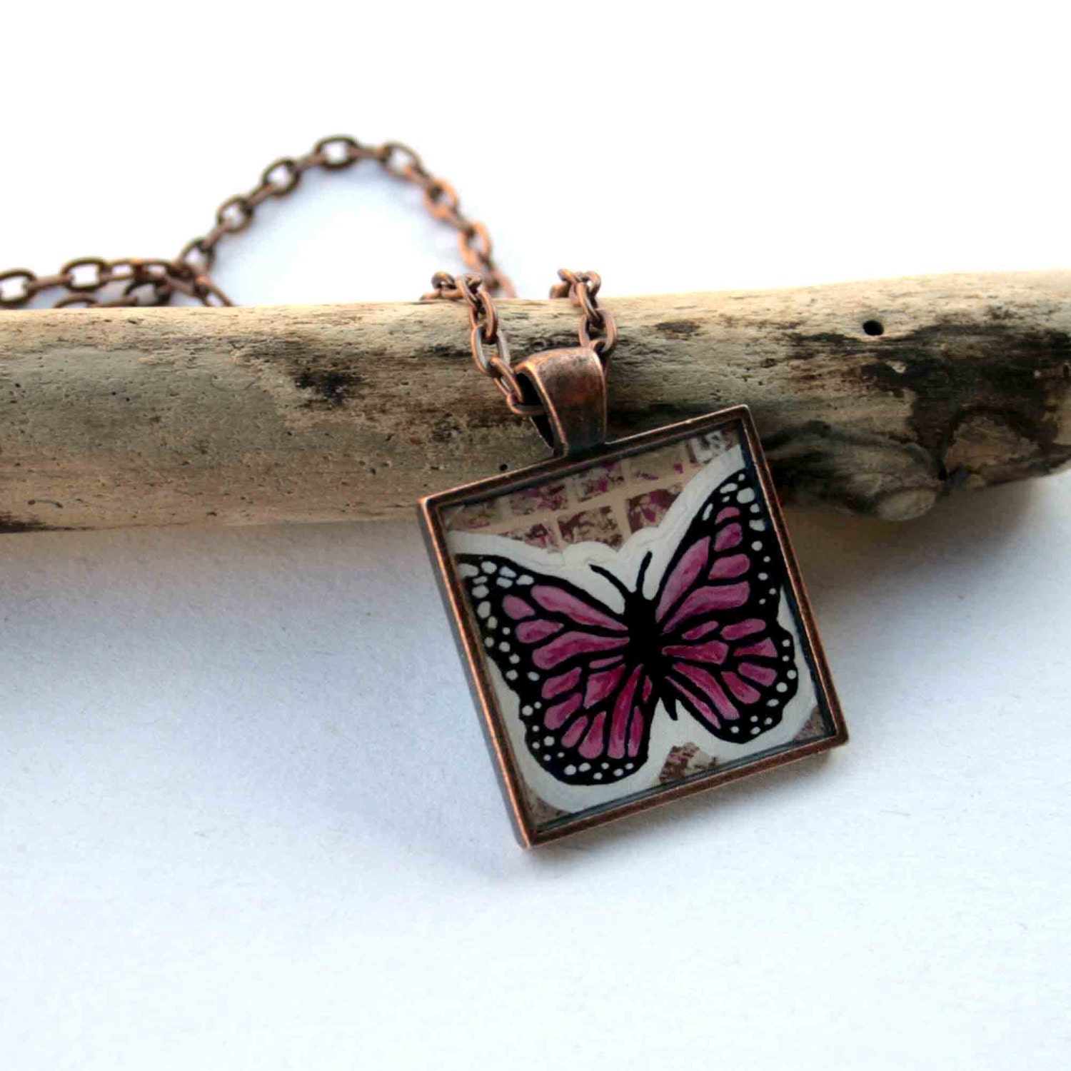 Pink Butterfly Original Art Pendant by Lauren Snyder-Recycled Paper Mixed Media Mosaic Art