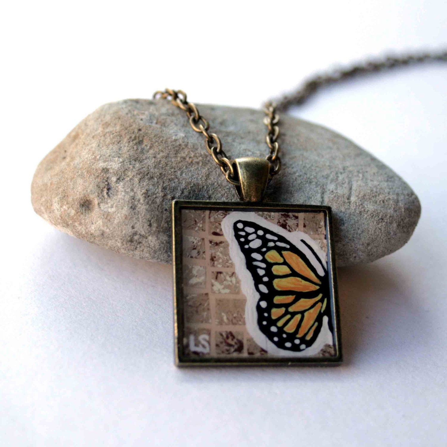 Yellow Butterfly Wing Original Art Pendant by Lauren Snyder-Recycled Paper Mixed Media Mosaic Art