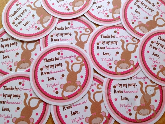 Set of 12 Personalized Hanging Monkey Favor Tags, Pink and Brown Monkey Tags, Monkey Birthday, Monkey Party, Monkey Il_570xn
