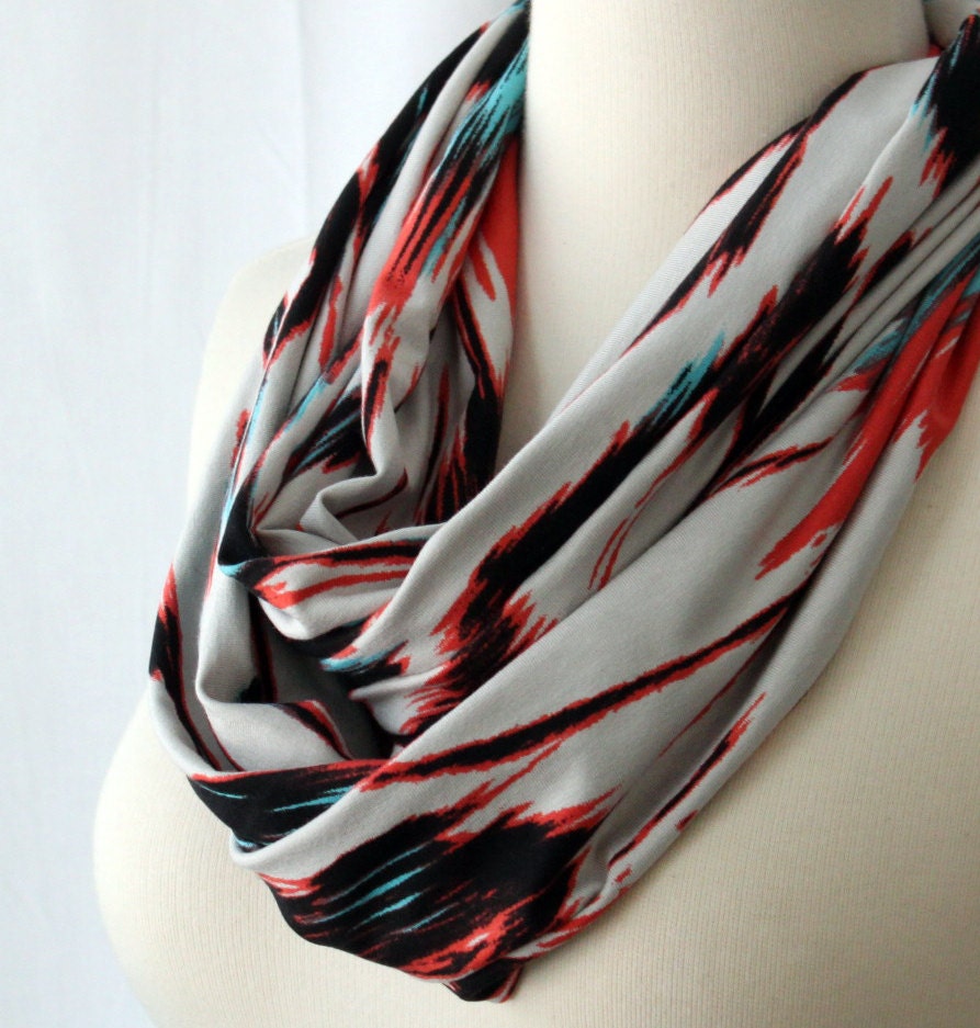 Infinity Scarf Tribal Ikat - Coral, Blue, Black and Sand