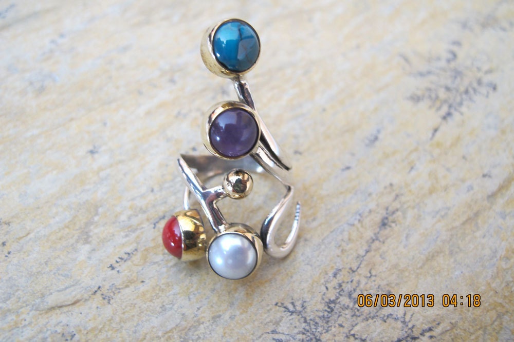 Pearl,Coral,Turquoise,Amethyst Sterling Silver Cocktail Ring