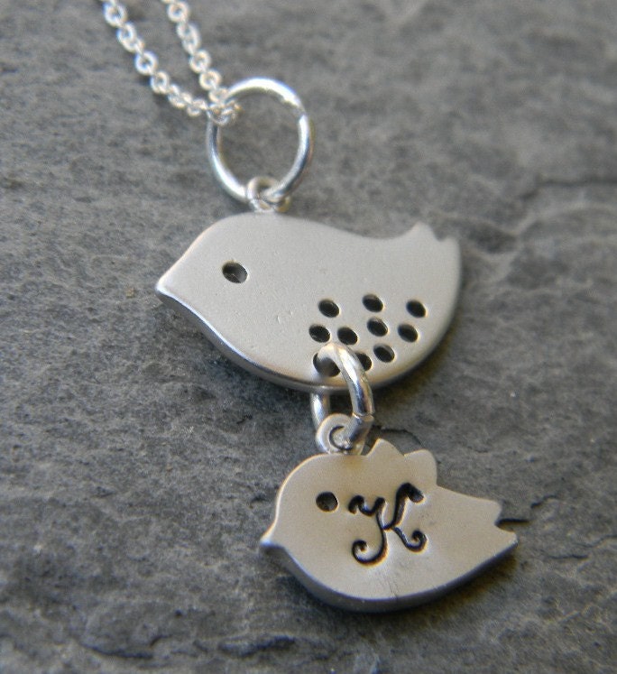 Personalized Mother and Baby Bird  Necklace in Sterling Silver