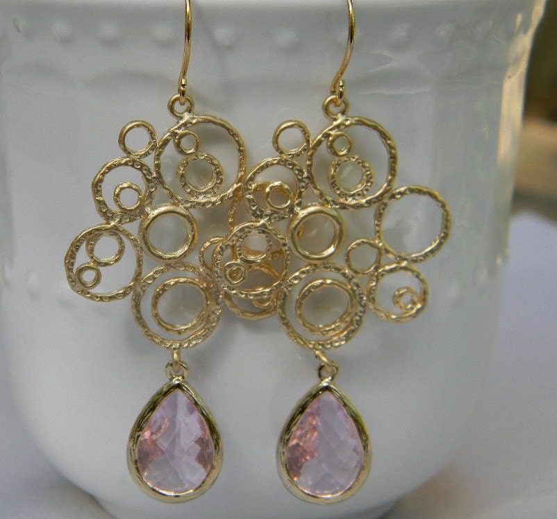 Blush Pink Earrings Matte Gold Bubble-Bride-Bridal-Wedding Jewelry