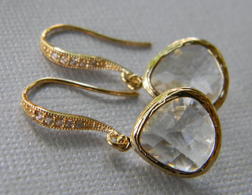 Clear Earrings-Cubic Zirconia Ear wires - Clear Glass and Gold Earrings- Bridesmaid Earrings-Wedding Jewelry