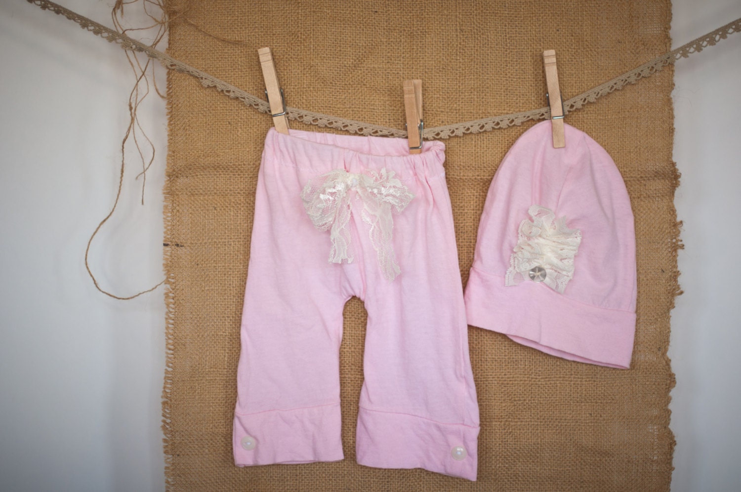 Pale Pink Cotton Newborn Pants / Slouch Hat Set, Ready to ship