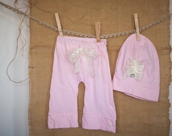 Pale Pink Cotton Newborn Pants / Slouch Hat Set, Ready to ship