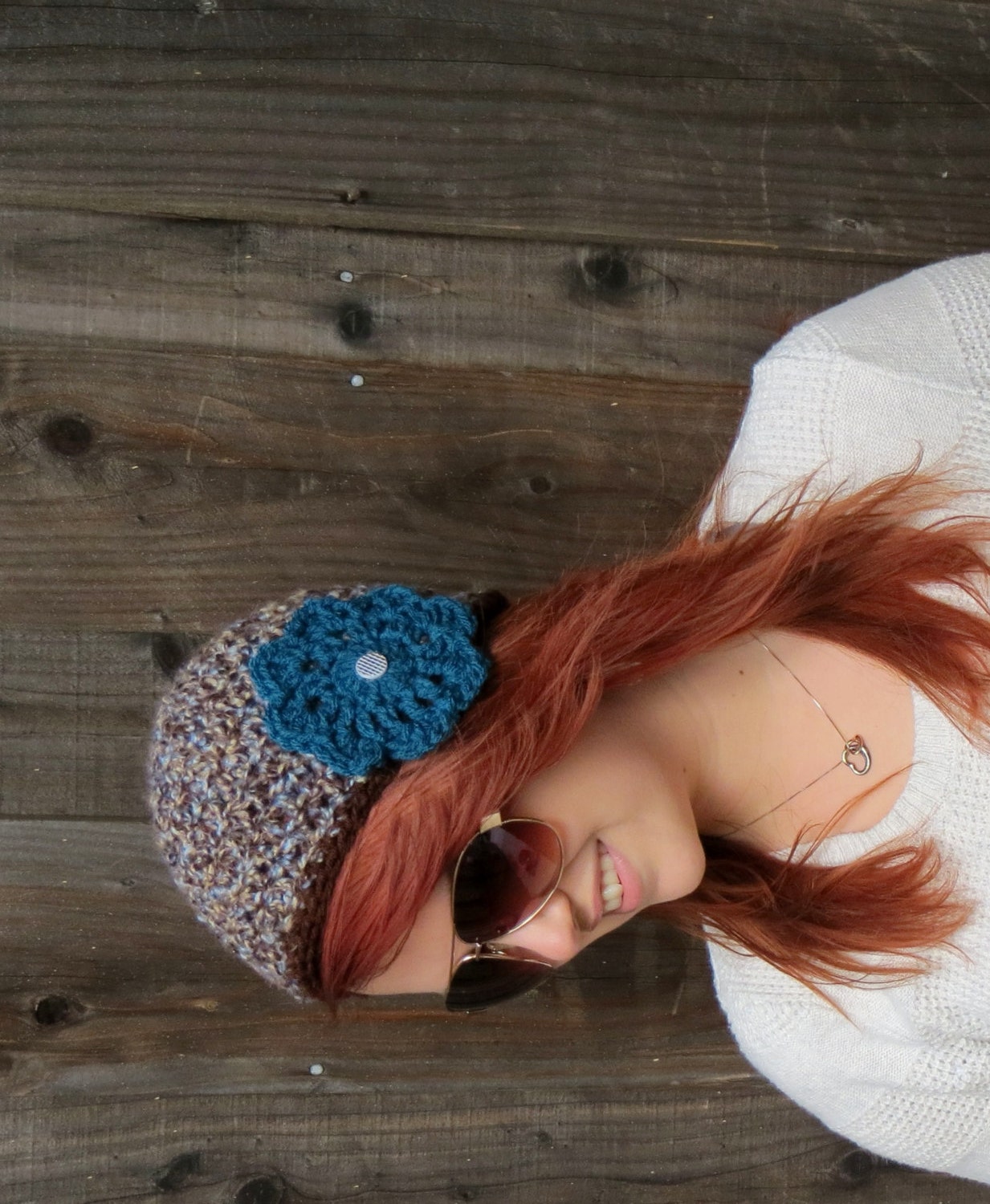 Crochet Cloche with Flower, Brown & Blue (hat with flower, soft bouclé yarn)