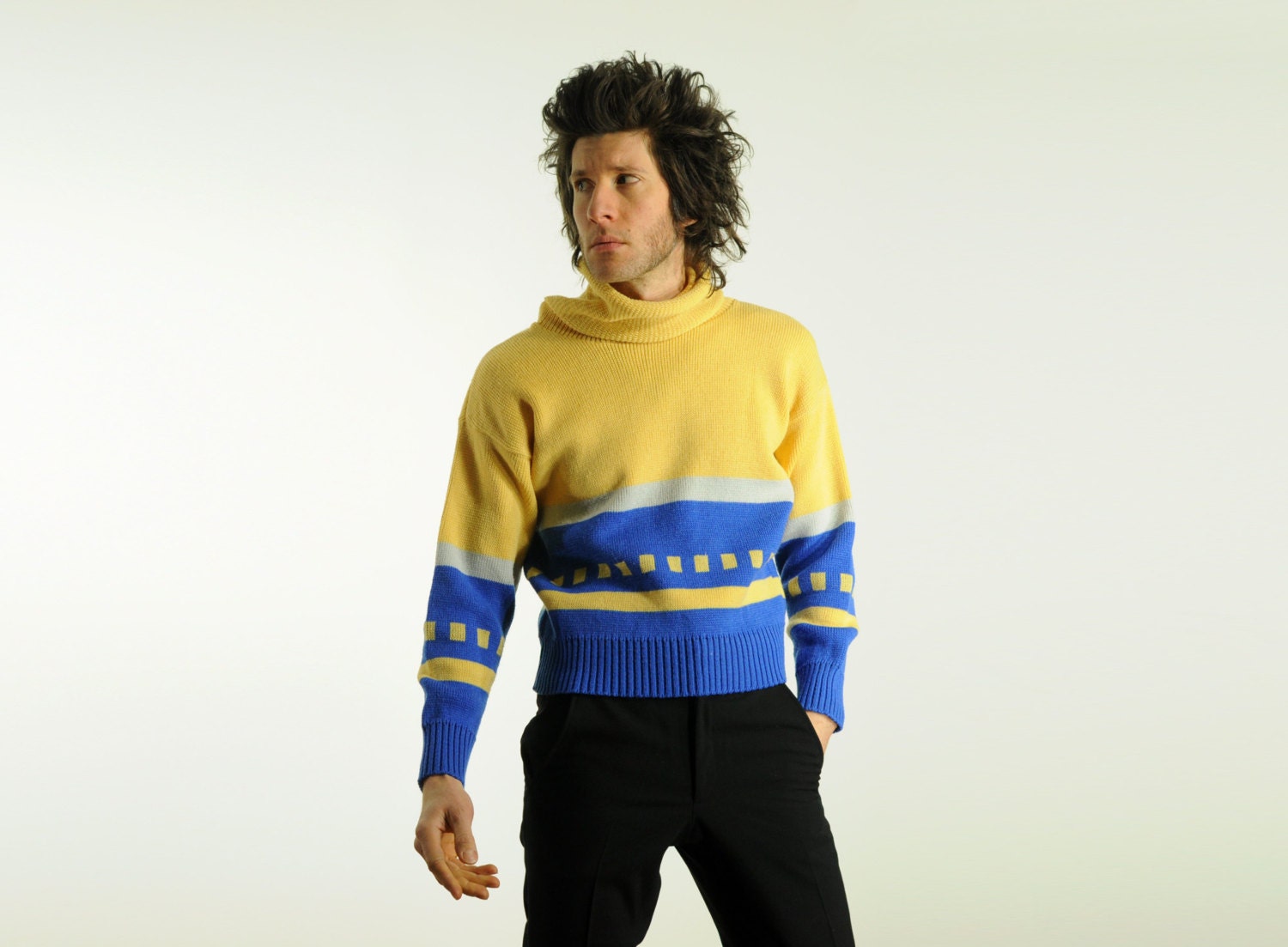 80s digital wool sweater 1980 yellow royal blue gray cowl neck turtleneck 8-bit cheerleader small medium