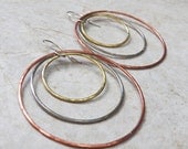 READY TO SHIP - Mixed Metal Hoops - Brass,  Copper and German Silver circles - Minimalistic - Three Hoop Dangle Earrings