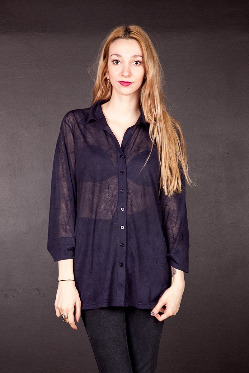 Navy Blue Sheer Crinkle Blouse / M / L