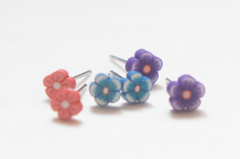 Tiny Baby Miniature Flower Post Earrings - Red / Blue / Purple