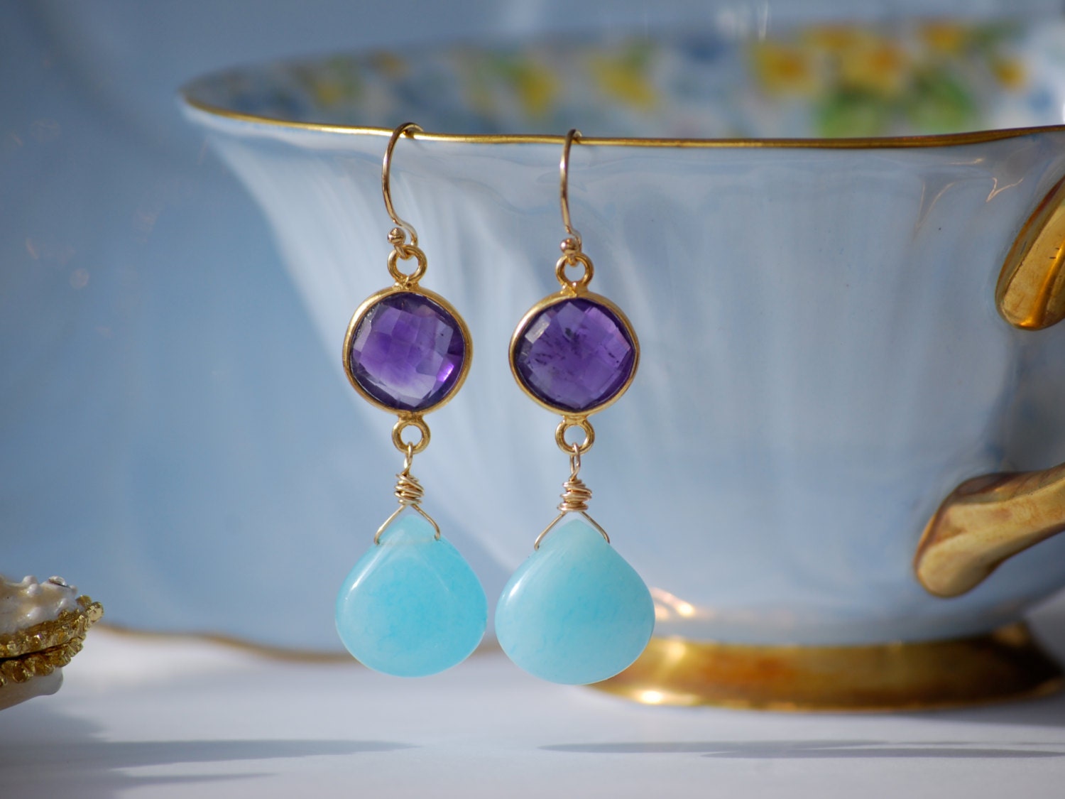 Amethyst Earrings, Amethyst and Gold Dangle Earrings, Bezel Set Earrings, Purple Earrings with Blue Jade