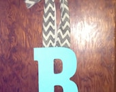 Aqua Initial Door Hanger with Chevron Ribbon