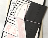Modern Lace - Chic & Modern Lace Wedding Invitations, Pink, White, Ivory, Black Stripes - Purchase for a Sample