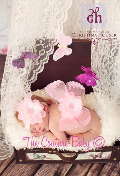 Baby Pink Sequin Vintage Butterfly Wings and Headband Set accented with ostrich feathers Beautiful Photo Prop First Photos
