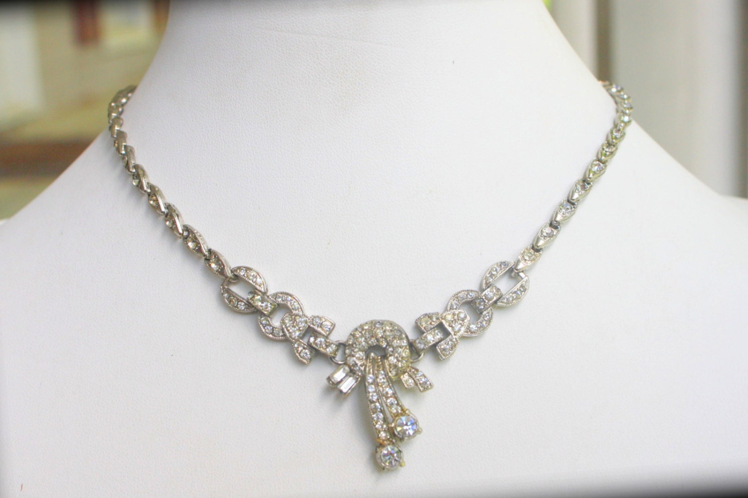 STUNNING  Vintage Art Deco Pot Metal and Clear Rhinestone Necklace