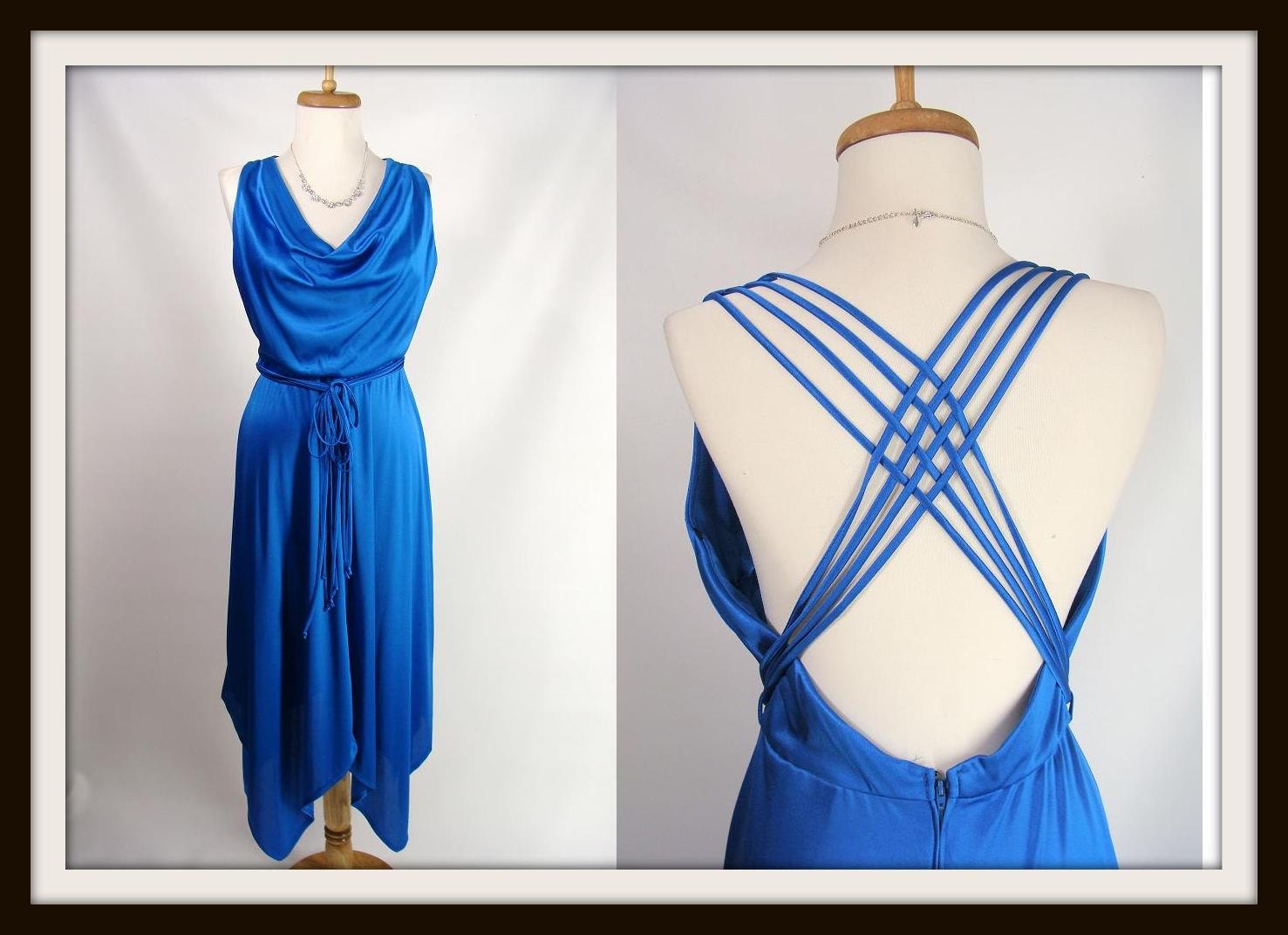 vintage 80s Sexy Blue Strappy Ties Draped Cowl Neck Hankie Hem Disco Dress S M