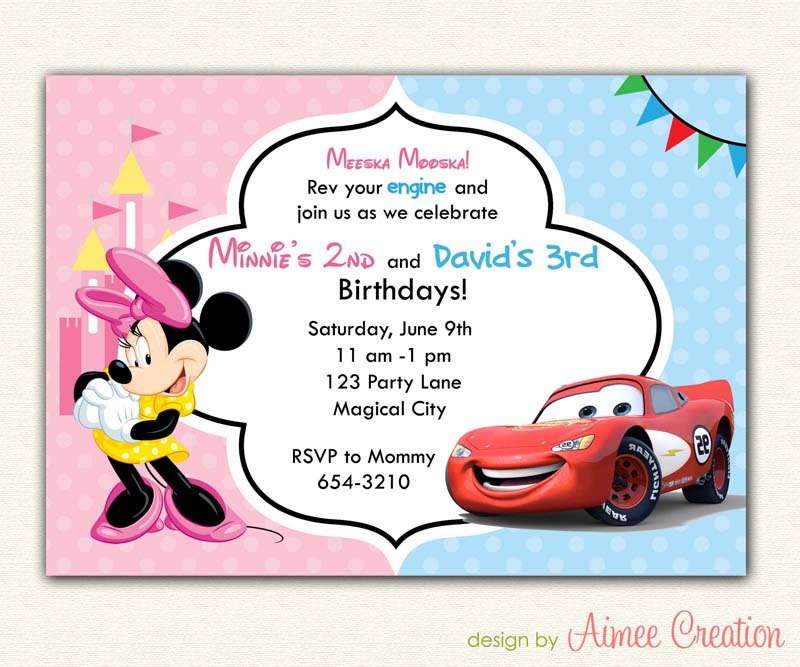 Minnie Mouse and Disney Cars Lightning McQueen Birthday Invitation PRINTABLE - Boys and Girls Personalized (Twin / Siblings / Joint)