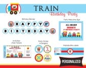 Train Birthday Party Package PRINTABLE DIY PERSONALIZED - Invitation, Party Circle, Banner, etc - Primary Colors
