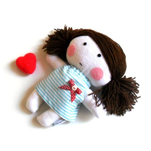 Rag doll stuffed doll soft doll softie rag doll toy handmade toy plushie stuffed puppet girl white turquoise blue cloth dress 11" 27 cm
