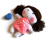 Rag doll stuffed doll soft doll softie rag doll toy handmade toy plushie stuffed puppet girl white salmon color dotted cloth dress 11" 27 cm