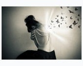 Hidden Places - surreal fine art photograph of a girl and butterflies flying out of her back - 8x12 print