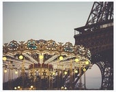 Eiffel Tower, Paris photography, carousel - 8x10 print - carnival, fun, nursery art, wall decor, lights - Midnight Carousel
