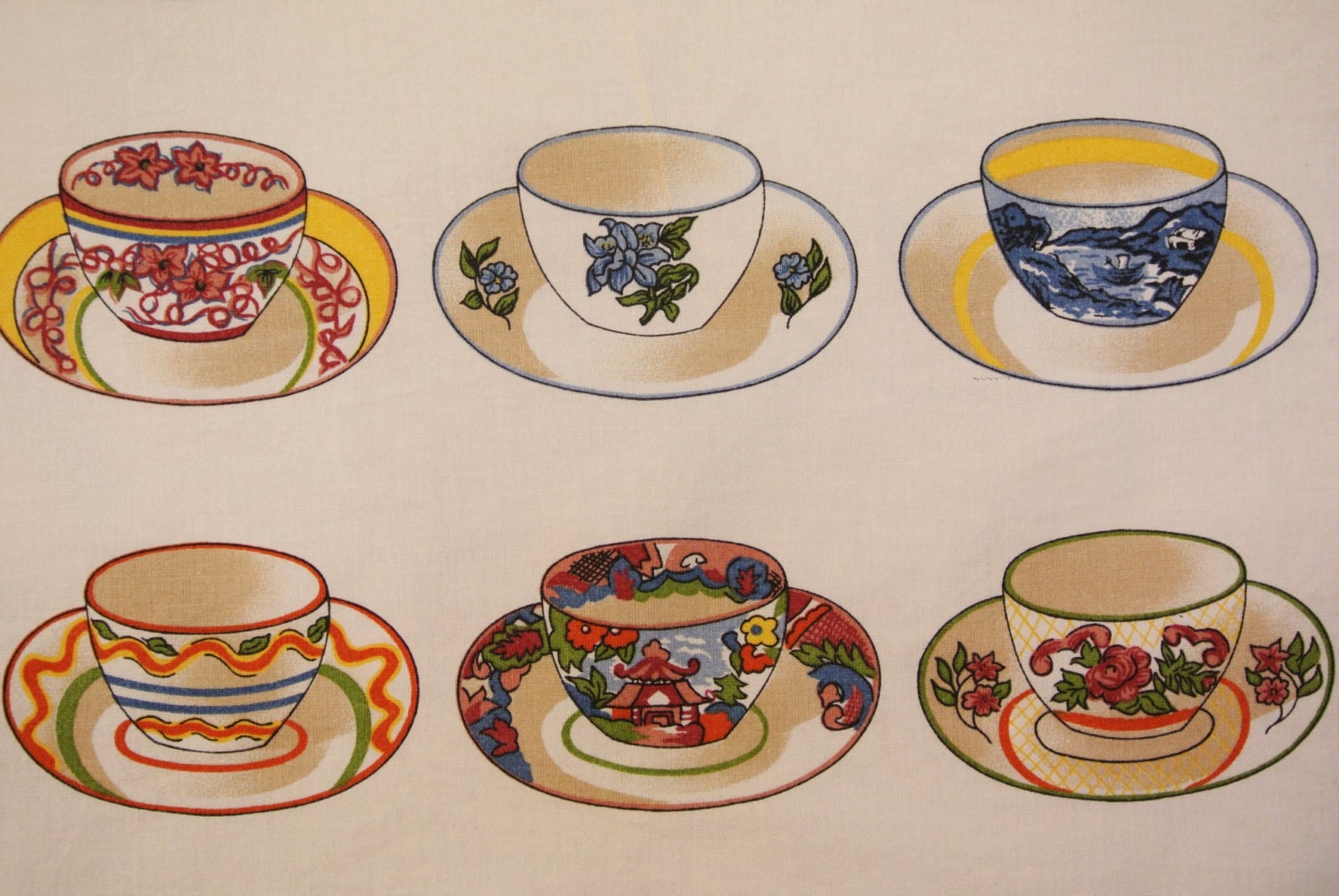 Vintage 1980s DESIGN fabric in highquality cotton with larger printed multicolor cup design pattern on bonewhite bottomcolor