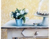 Acrylic Kitchen Art Print, Acrylic Painting, food art print, kitchen decor, yellow, white spring flowers on table 10x10 inch