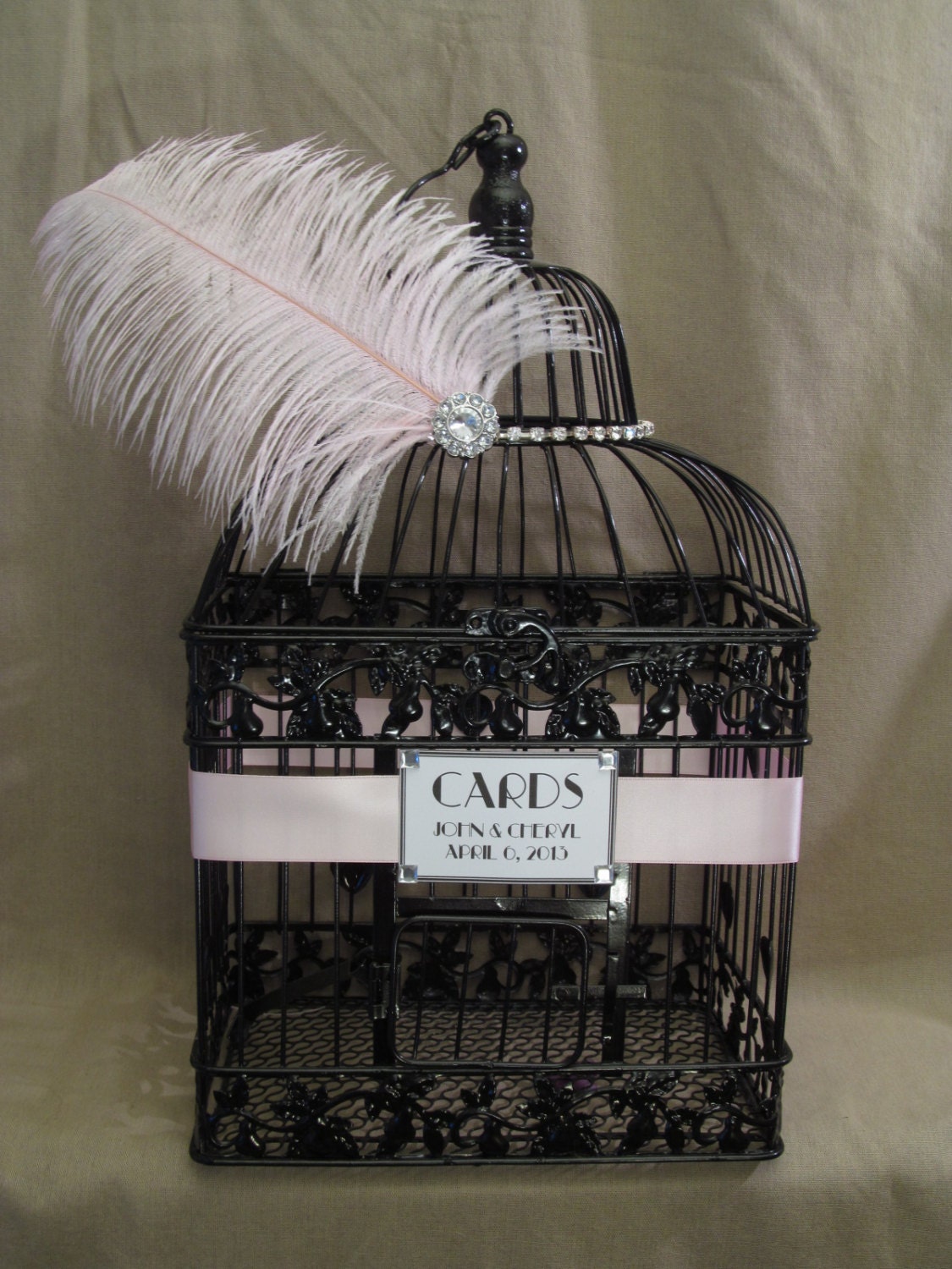Glitzy Wedding Card Box With Rhinestones And Brooch / Bird Cage Wedding Card Holder / Black and Pink / Feathers / Vintage Style / Art Deco