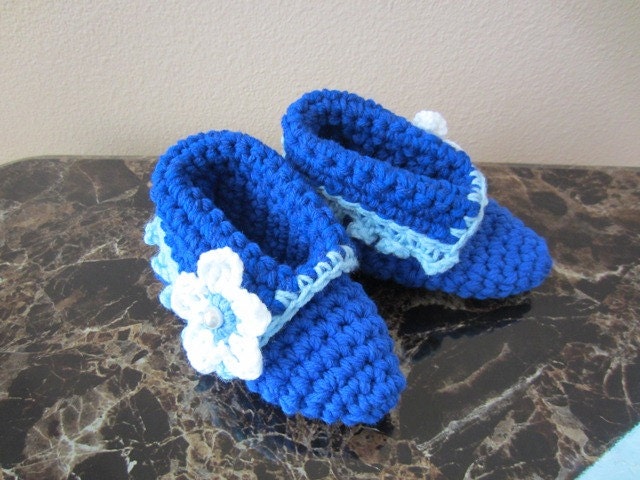 Crochet House Boot Slippers House Slippers Kids Slippers in Royal Blue White Flowers Gift for Girl