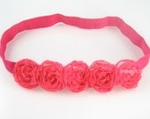 Baby Headband - Bright Pink Extra Small Long Row Chiffon Flower Headband on Skinny Elastic - Newborn Toddler Girl Special Occasion Headbands
