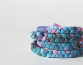 Braided Bracelet. Bold Color mix turquoise, pink, green, black, gray. Fiber Cuff. Spring Line.