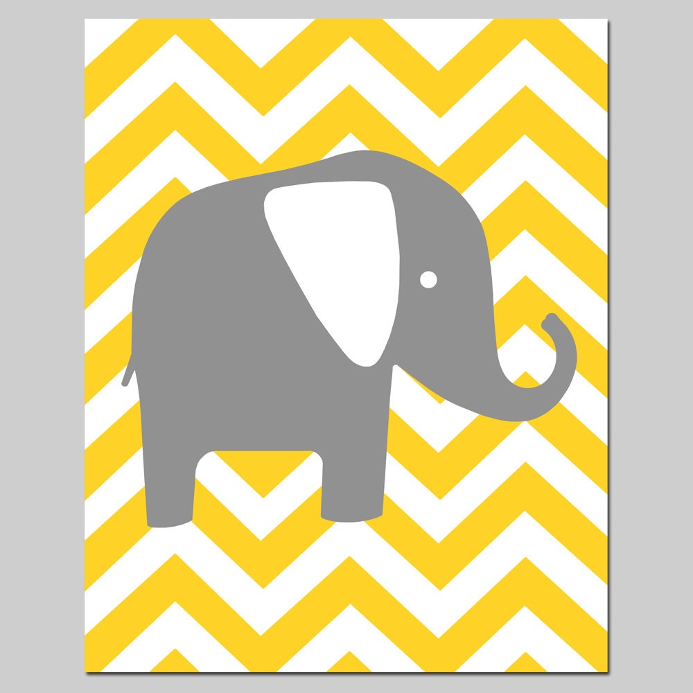 SALE -  Modern 8x10 Chevron Elephant Silhouette Print - Yellow, Gray, and White