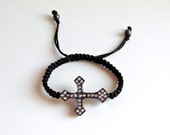 Trendy Gunmetal Silver Dazzling Crystal Rhinestone Cross Macrame Adjustable Bracelet Charm Bracelet