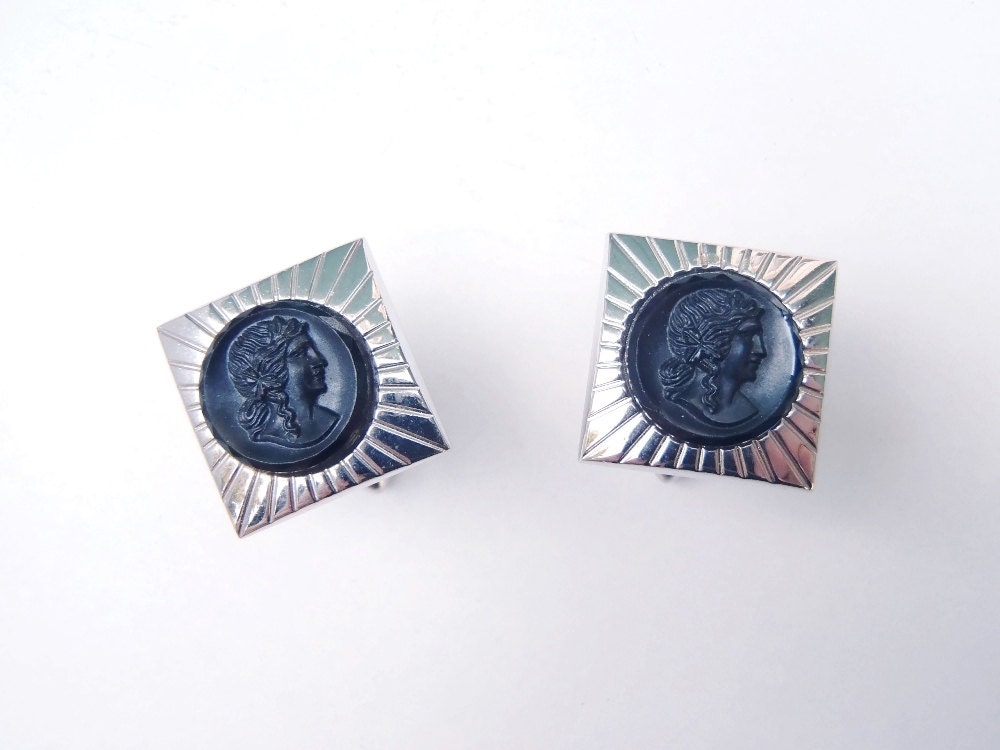 Vintage Swank Silver Tone Black Glass Cuff Links Starburst Stamped Squares Black Glass Circles Woman's Face Cufflinks Formal Business Wear