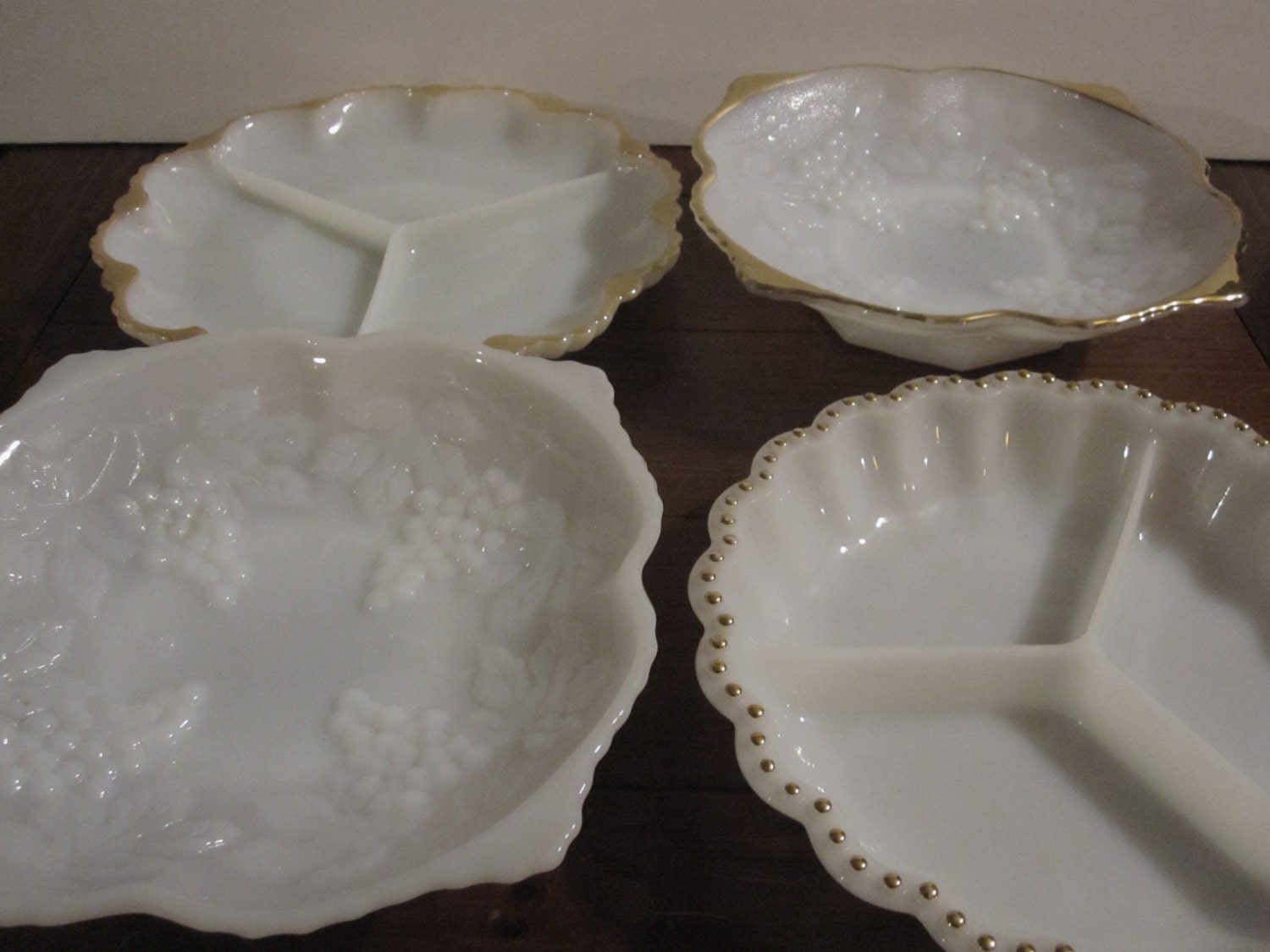 Vintage Set of 4 White Milk Glass Serving Trays Plates Gold Trim Wedding Decor Retro Kitsch Shabby Chic