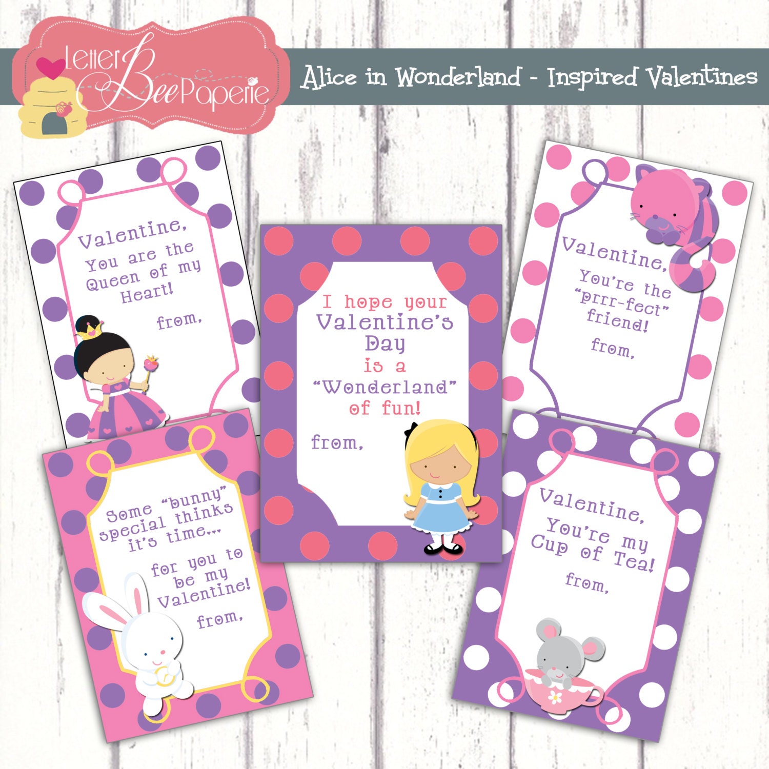 Alice in Wonderland - Inspired Kids Valentines Day Cards - Set of 5 - DIY Printable File Il_170x135