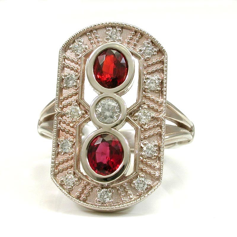 Garnet and Diamond Art Deco Engagement Ring - 14k White Gold