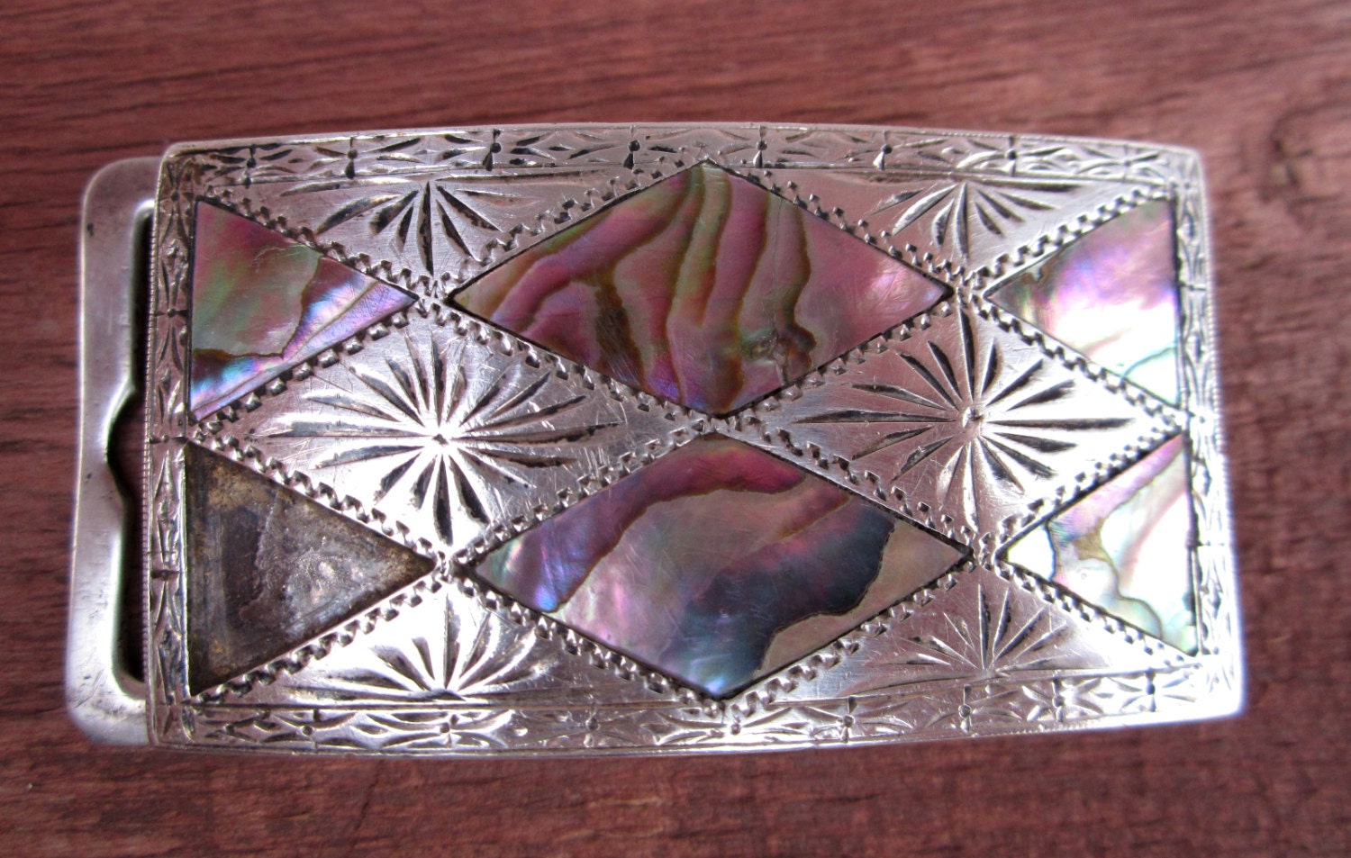Vintage ALC Inlaid Abalone & Sterling Silver Belt Buckle - Damaged