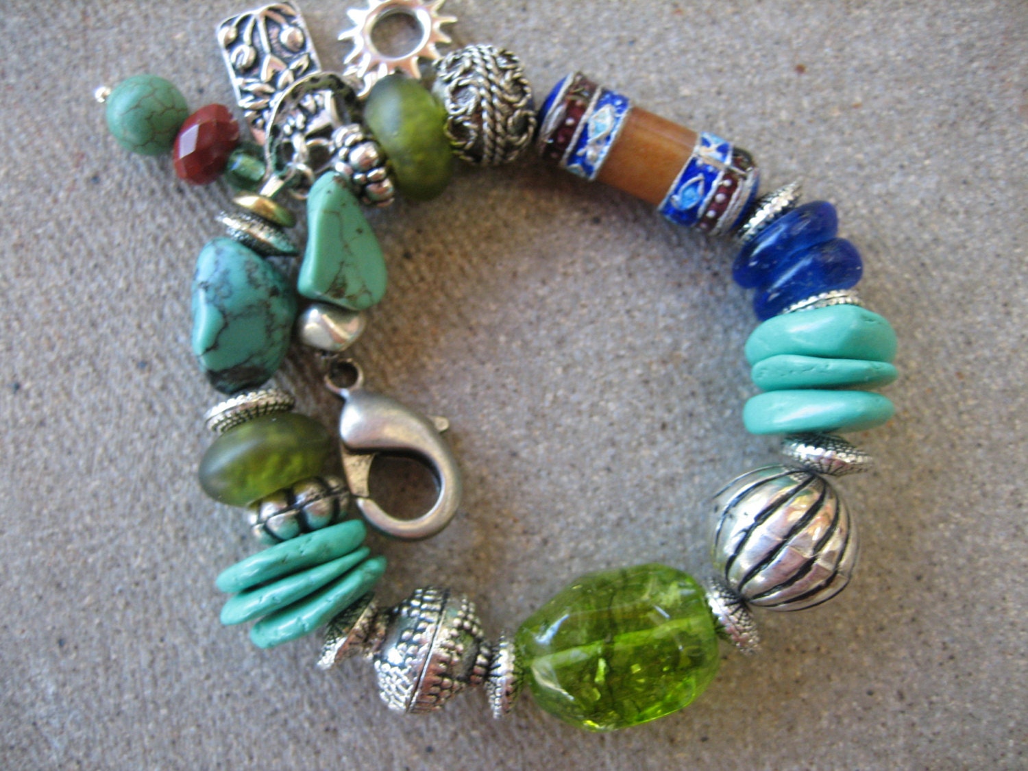 TRIBAL STYLE ASIAN bracelet fabulous gemstone ethnic bracelet silver lotus charm ooak free ship