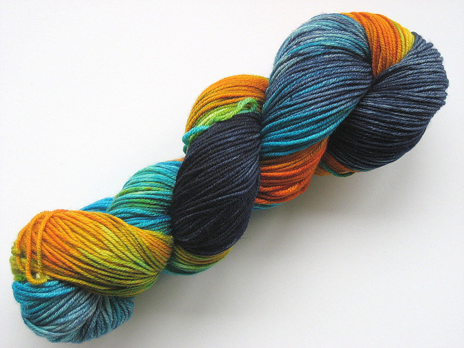 Orange, Turquoise, and Grey 8-ply DK Weight 100% Merino Hand-dyed Yarn, 274 yds. 'Cosmic Rainbow'