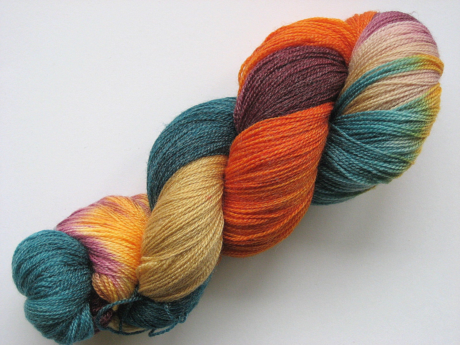 Teal, Burgundy, Gold, and Taupe, Merino/Bamboo, 'Ron & Hermione Forever,' 875 yards of Self-Striping Hand-dyed Lace Weight Yarn