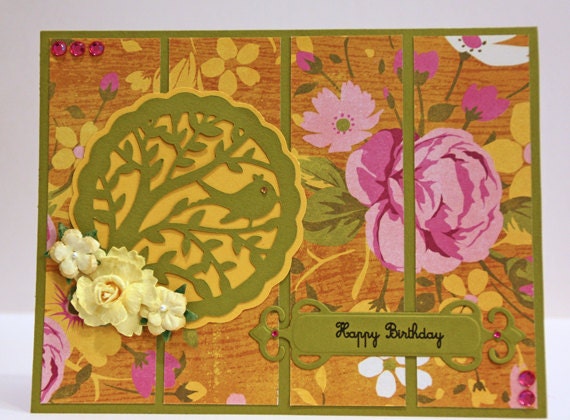 Handmade Happy Birthday Card, birthday card with flowers, bird, pink and green, woman, women, girl